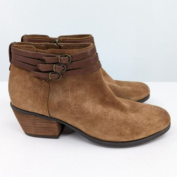Clarks Gelata Ankle Booties 8 Sienna Brown Suede Leather Triple Buckle Side Zip - Picture 7 of 13